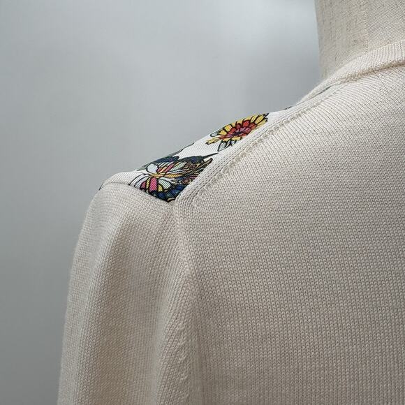 Tory Burch Silk Front Wool Cardigan Sweater Floral Peacock Cream Button-up READ - Picture 15 of 16